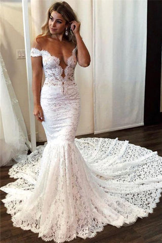 Vestido de novia largo de sirena con apliques de encaje y hombros descubiertos, estilo romántico