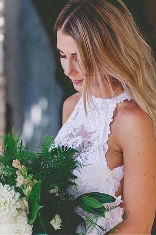 Vestidos de novia románticos, sexys, con abertura frontal, espalda descubierta, sin mangas, de encaje y con cola WD269