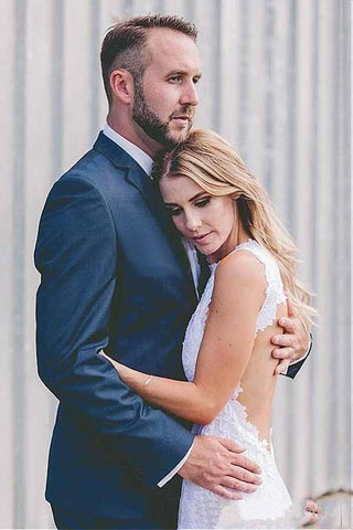 Vestidos de novia románticos, sexys, con abertura frontal, espalda descubierta, sin mangas, de encaje y con cola WD269