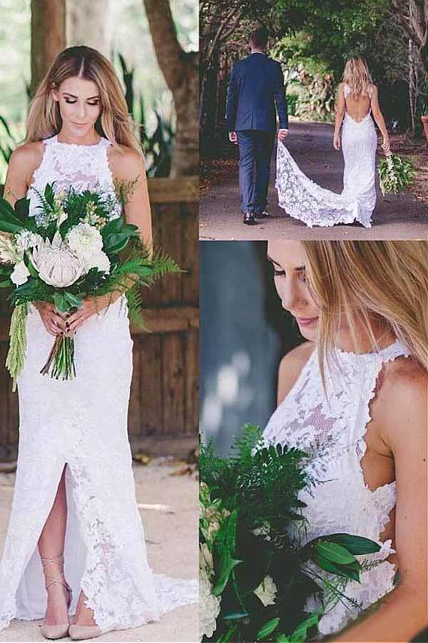 Robe de mariée romantique et sexy en dentelle, fendue sur le devant, dos nu et sans manches, avec traîne (WD269)