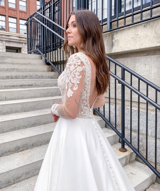Vestido de novia romántico de encaje suave, manga larga, corte A, escote en V 