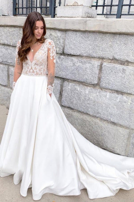 Vestido de novia romántico de encaje suave, manga larga, corte A, escote en V 