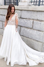 Vestido de novia romántico de encaje suave, manga larga, corte A, escote en V 