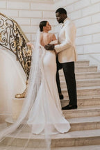 Robe de mariée sirène en satin à fines bretelles et manches courtes, style romantique