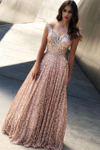 Rose Gold Sequins Evening Dresses Off-the-Shoulder Chic  Formal Dresses