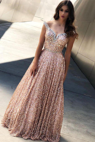 Vestidos de noche con lentejuelas oro rosa, elegantes vestidos formales con hombros descubiertos