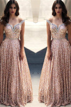 Rose Gold Sequins Evening Dresses Off-the-Shoulder Chic  Formal Dresses
