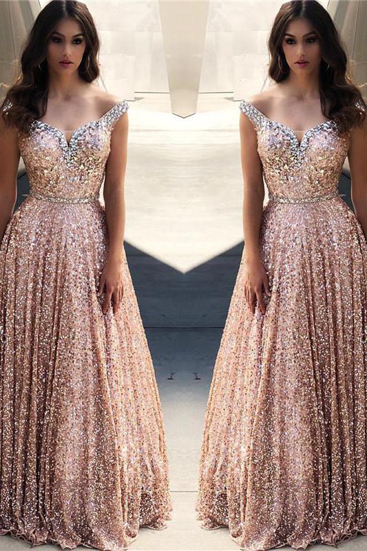 Rose Gold Sequins Evening Dresses Off-the-Shoulder Chic  Formal Dresses