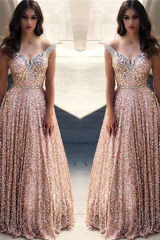 Vestidos de noche con lentejuelas oro rosa, elegantes vestidos formales con hombros descubiertos