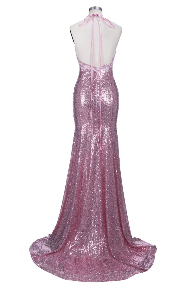 Robe de bal sirène rose poudré à fines bretelles spaghetti et col en V