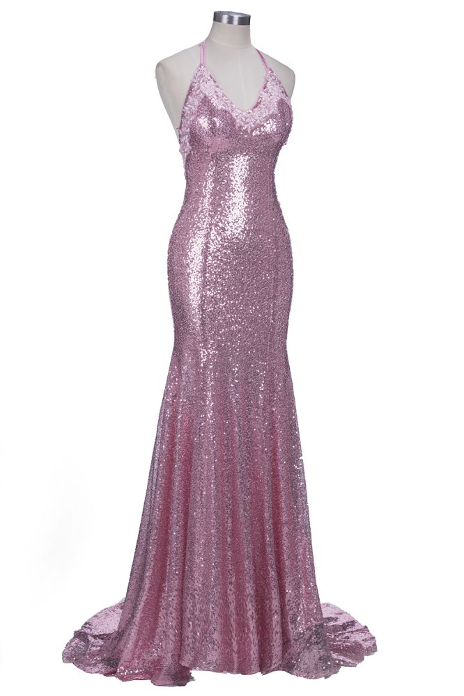 Robe de bal sirène rose poudré à fines bretelles spaghetti et col en V