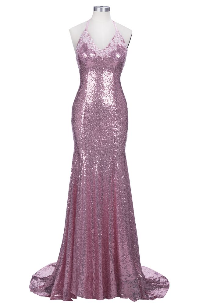 Robe de bal sirène rose poudré à fines bretelles spaghetti et col en V