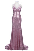 Robe de bal sirène rose poudré à fines bretelles spaghetti et col en V