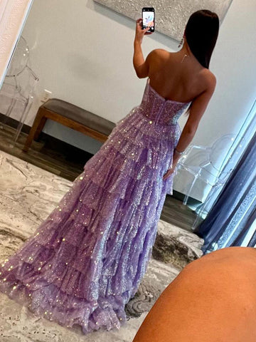 Rosina | Vestido largo de fiesta de lentejuelas con escote corazón y abertura, corte en A, color lavanda