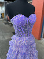 Rosina | Vestido largo de fiesta de lentejuelas con escote corazón y abertura, corte en A, color lavanda