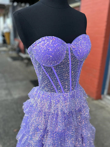 Rosina | Vestido largo de fiesta de lentejuelas con escote corazón y abertura, corte en A, color lavanda