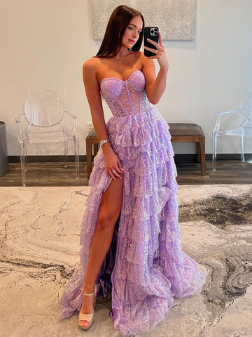 Rosina | Vestido largo de fiesta de lentejuelas con escote corazón y abertura, corte en A, color lavanda