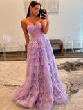 Rosina | Vestido largo de fiesta de lentejuelas con escote corazón y abertura, corte en A, color lavanda
