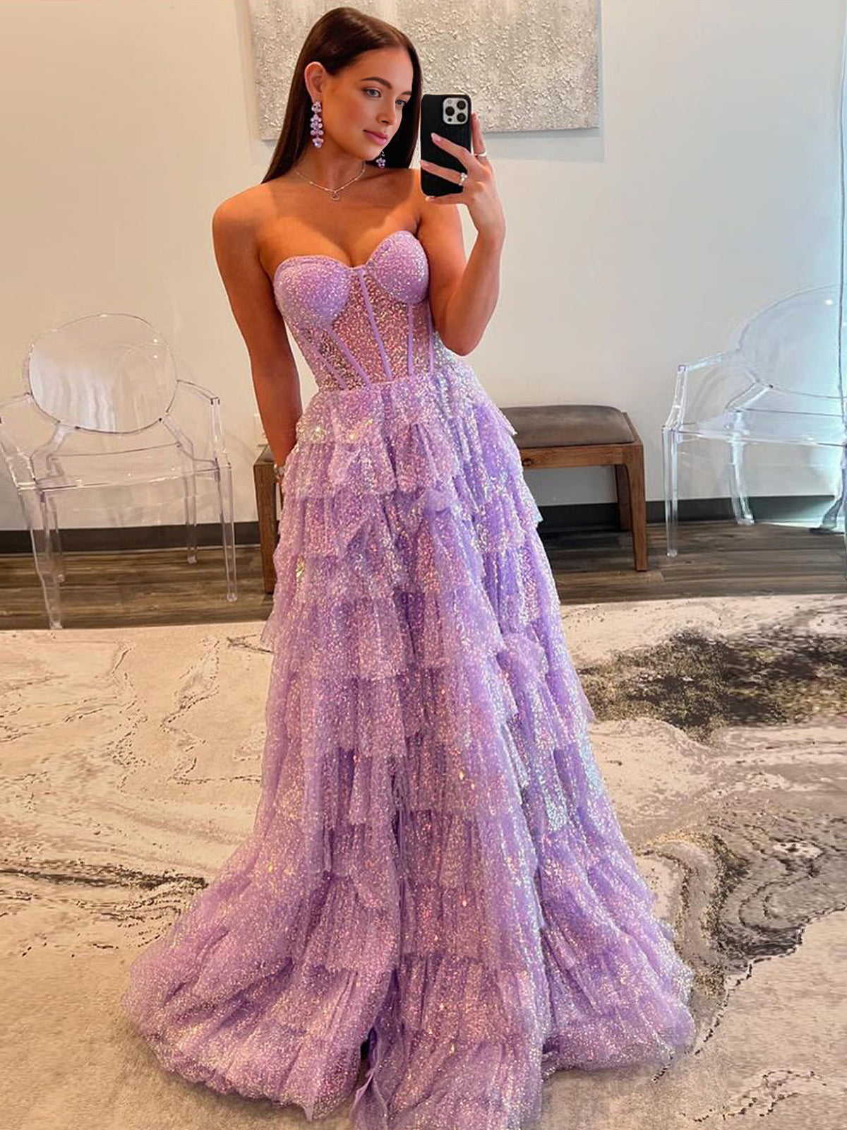 Rosina | Vestido largo de fiesta de lentejuelas con escote corazón y abertura, corte en A, color lavanda