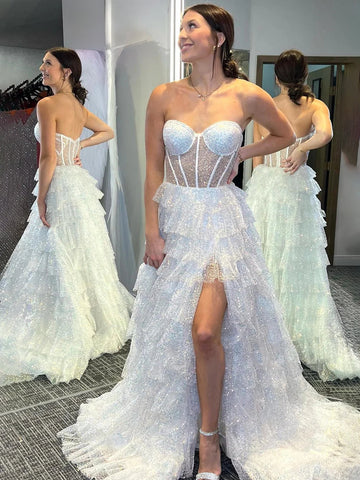 Rosina | Vestido largo de fiesta de lentejuelas con escote corazón y abertura, corte en A, color lavanda