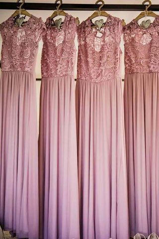 Vestido de dama de honor de gasa con cuello redondo, mangas casquillo y encaje BD050