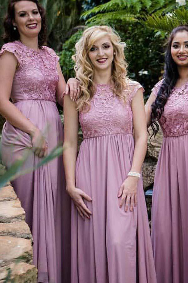 Robe de demoiselle d'honneur en mousseline de soie à col rond et manches courtes avec dentelle BD050