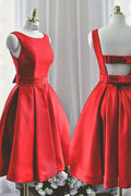 Robe de bal courte rouge en satin, col rond, coupe trapèze, PD129