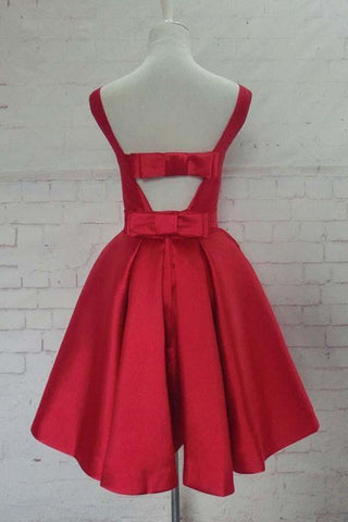 Vestido corto de fiesta rojo de satén, corte en A, cuello redondo, modelo PD129