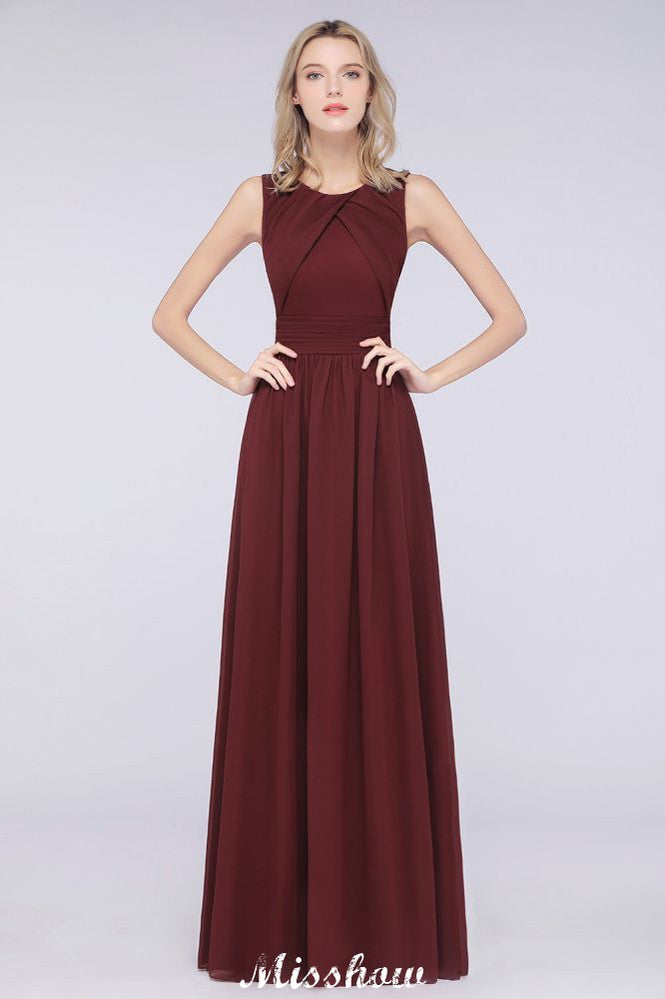 Vestido de dama de honor de gasa con volantes, cuello redondo y largo hasta el suelo. Vestido de dama de honor de corte A sin mangas.