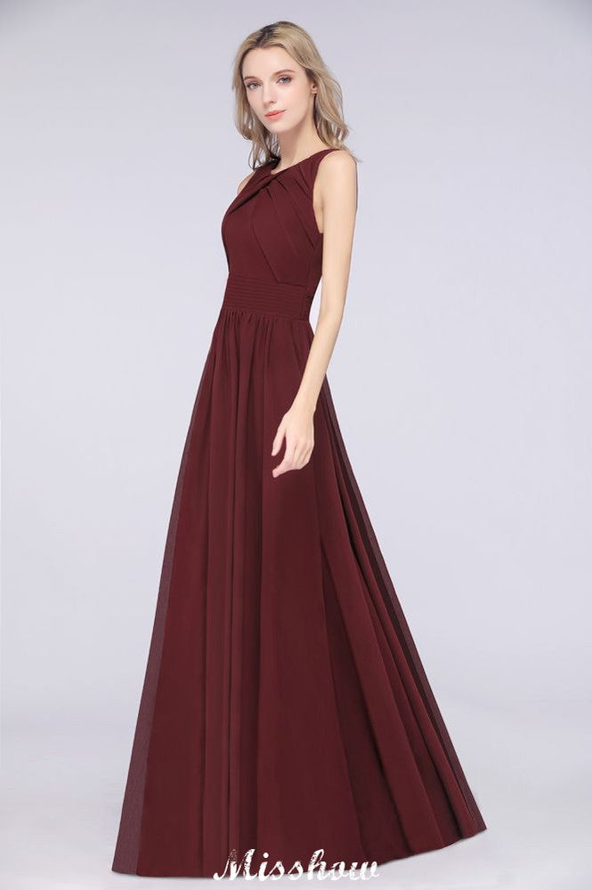 Vestido de dama de honor de gasa con volantes, cuello redondo y largo hasta el suelo. Vestido de dama de honor de corte A sin mangas.