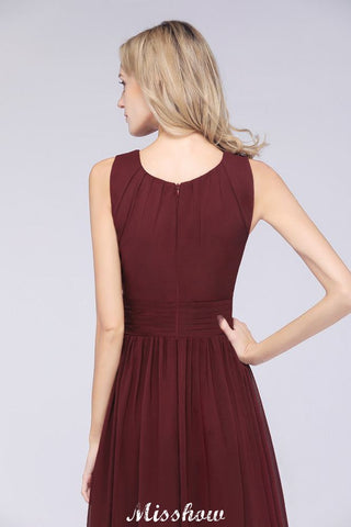 Vestido de dama de honor de gasa con volantes, cuello redondo y largo hasta el suelo. Vestido de dama de honor de corte A sin mangas.