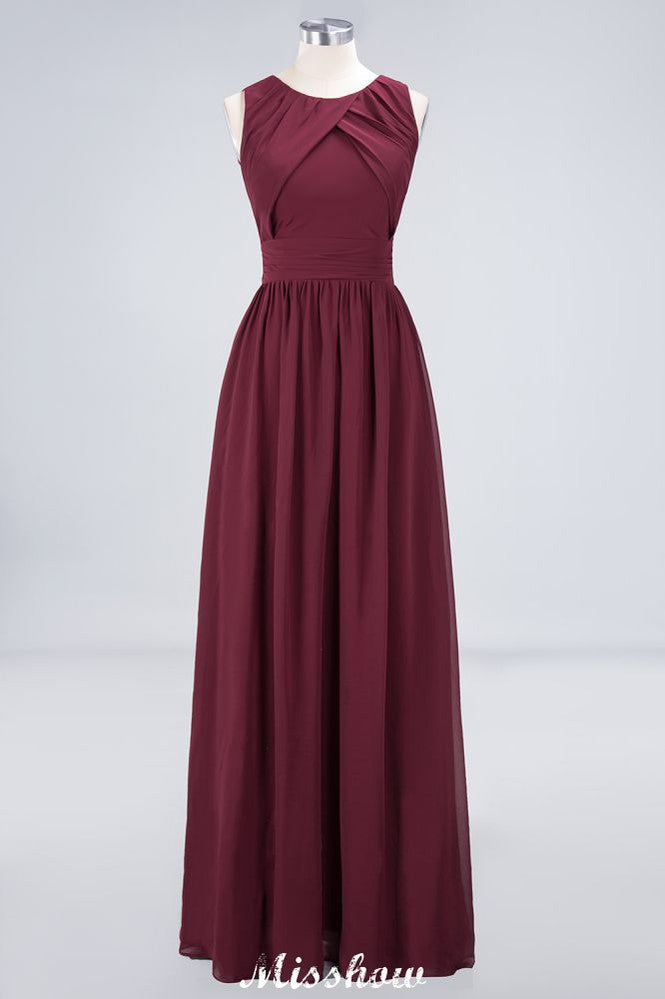 Vestido de dama de honor de gasa con volantes, cuello redondo y largo hasta el suelo. Vestido de dama de honor de corte A sin mangas.