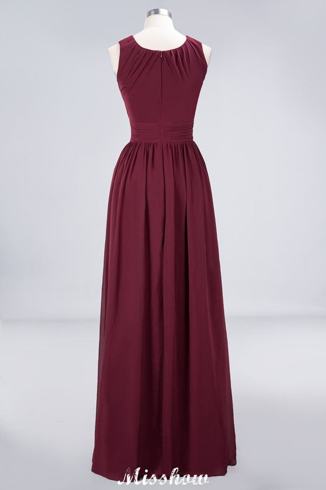 Vestido de dama de honor de gasa con volantes, cuello redondo y largo hasta el suelo. Vestido de dama de honor de corte A sin mangas.