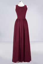Vestido de dama de honor de gasa con volantes, cuello redondo y largo hasta el suelo. Vestido de dama de honor de corte A sin mangas.