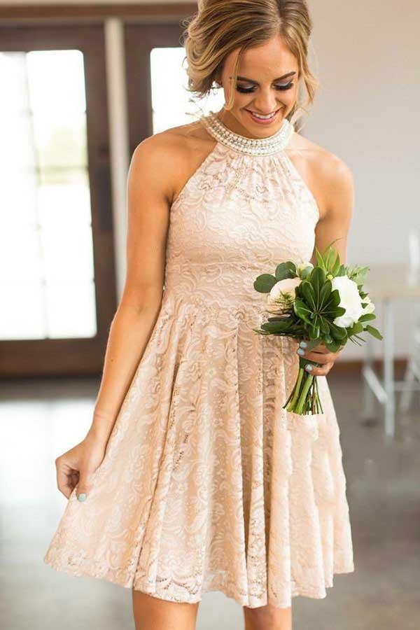 Robe de soirée courte rose perle en dentelle à col rond avec perles PD078
