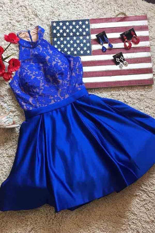Vestidos cortos de fiesta de satén azul real con cuello halter, vestidos de graduación para baile de bienvenida PD161