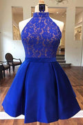 Robe de bal courte en satin bleu royal dos nu, robe de soirée PD161