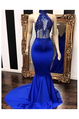 Vestidos largos de sirena sin mangas con encaje y pedrería, color azul real, escote halter, vestidos de fiesta largos, sin mangas, con cuello halter y detalles de encaje.