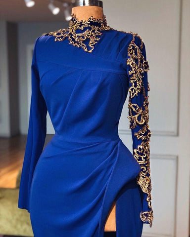 Robe de bal sirène bleu roi à col montant fendu, manches longues chics, appliques, robe de soirée