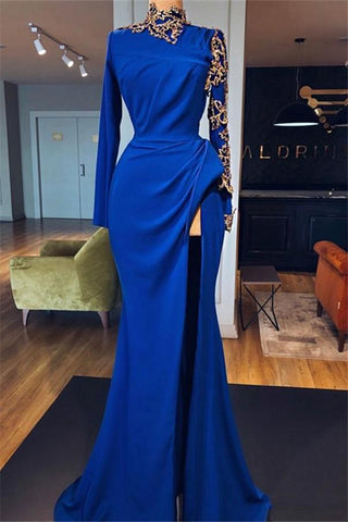 Robe de bal sirène bleu roi à col montant fendu, manches longues chics, appliques, robe de soirée