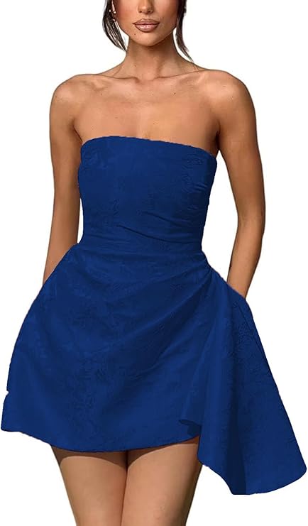 Vestido corto de fiesta de bienvenida, sin tirantes, corte en A, de satén jacquard, asimétrico, con cordones.
