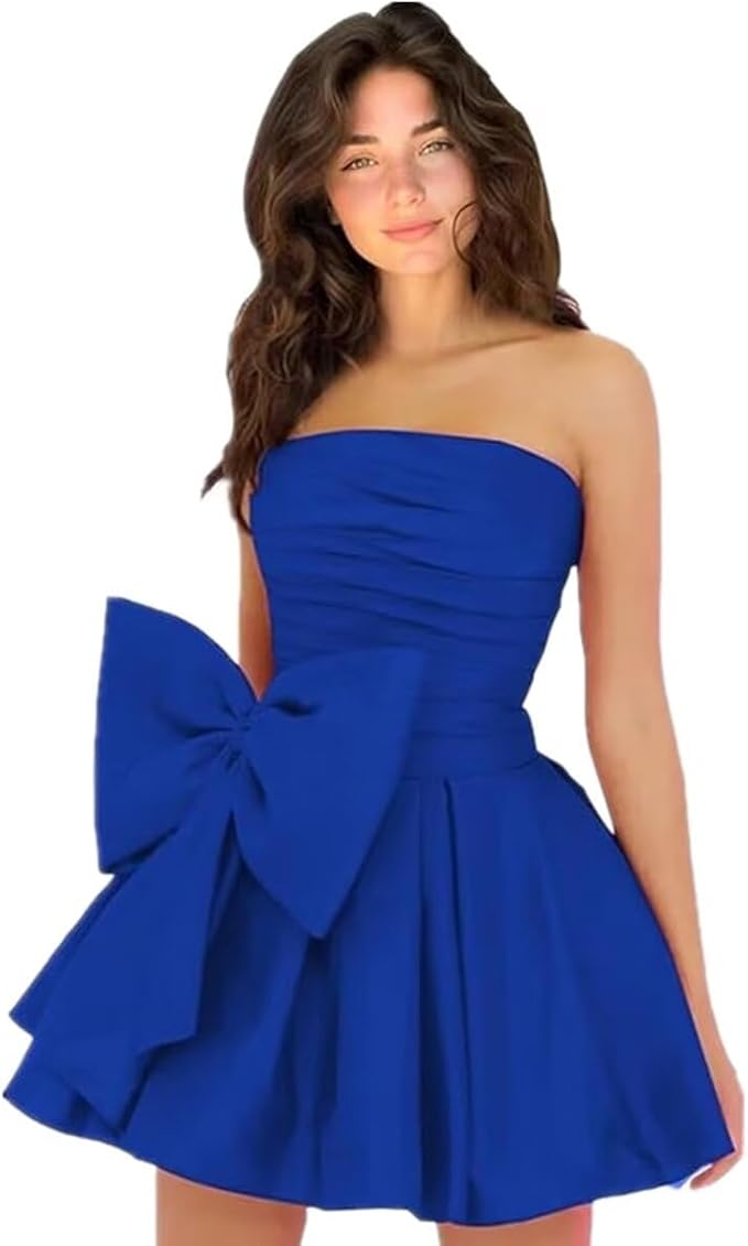 Robes de soirée courtes et chics pour le bal de promo, coupe trapèze, sans manches, bustier, froncées, lacées et ornées d'un nœud.