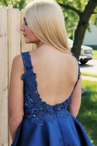 Royal Blue Lace Applique Homecoming Dresses Backless Short Prom Dress PD231