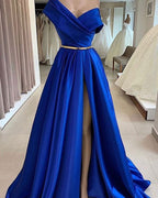 Vestidos de fiesta largos de satén azul real, corte en A, un solo hombro y abertura