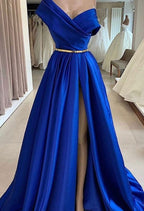Vestidos de fiesta largos de satén azul real, corte en A, un solo hombro y abertura