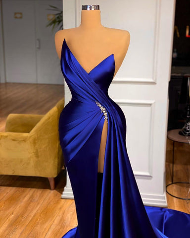 Royal Blue Long Mermaid V-neck Prom Dress With Split