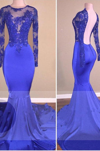 Vestidos de fiesta de sirena azul real, de manga larga, espalda descubierta y transparencias.