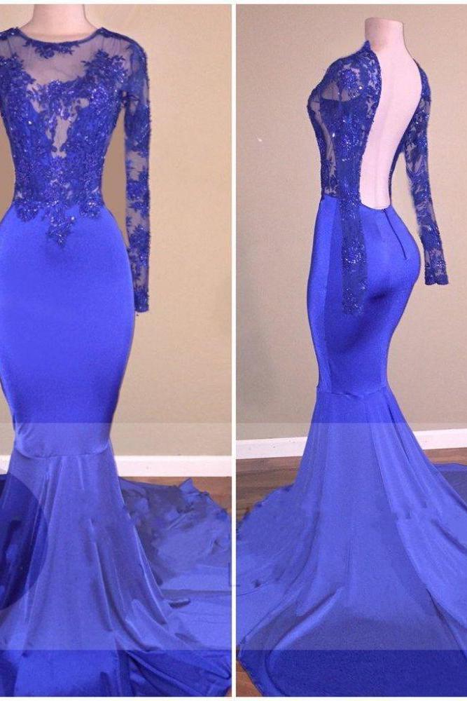 Royal-Blue Long Sleeves Backless Mermaid Charming Sheer Prom Dresses