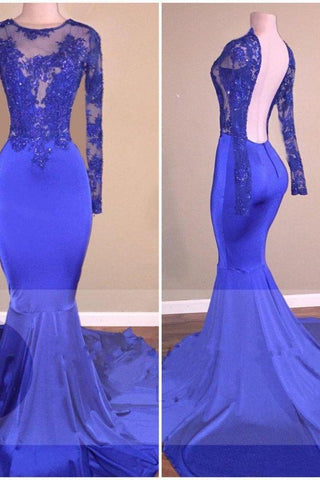 Vestidos de fiesta de sirena azul real, de manga larga, espalda descubierta y transparencias.