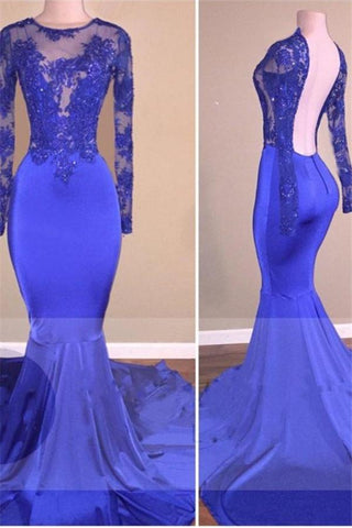 Vestidos de fiesta de sirena azul real, de manga larga, espalda descubierta y transparencias.